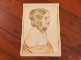 arta / design / vintage / decor / colectie - Desen portret femeie creion colorat mijlocul sec XX !