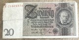 BNKSTR02DE Bancnotă Germania 20 Reichsmark 1929, Serie Roșie, Stare VG (Uzată, Colț și Margine Rupte, Pliuri Deschise)