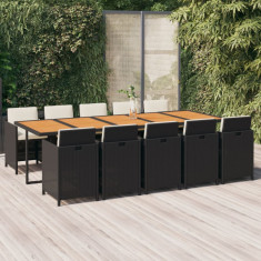 Set mobilier de exterior cu perne, 11 piese, negru, poliratan