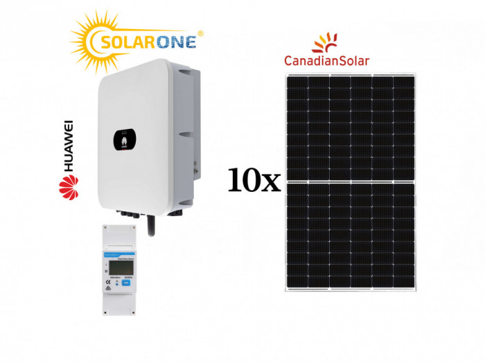 Kit sistem fotovoltaic 4 kW hibrid monofazat, invertor Huawei si 10 panouri fotovoltaice Canadian Solar 430W