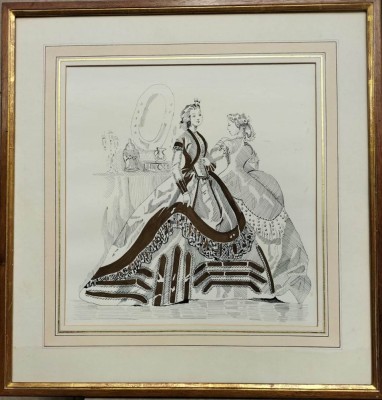 Două doamne &amp;icirc;n salon, modă victoriană, peniţă şi acuarelă (sec. XIX) foto