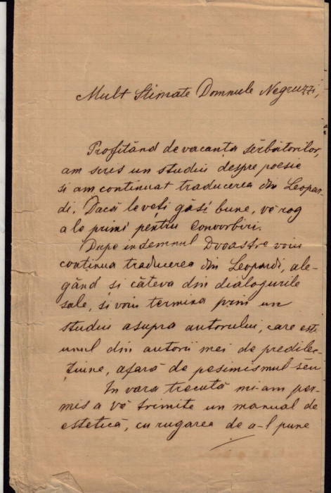 Negruzzi - Epistolar. Scrisoarea din 1894 dela Mihail Strajan, la Conv. Literare