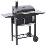 Gratar carbuni cu capac, manevrabil pe roti, termometru integrat, grill fonta, 109x46x107 cm, negru