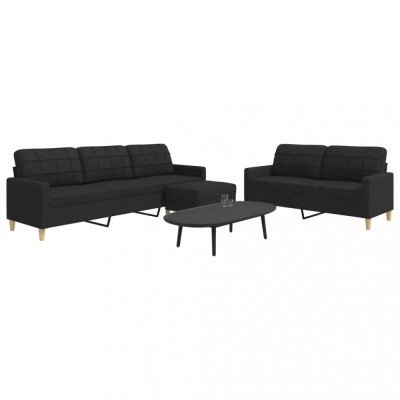 vidaXL Set de canapele cu taburet, 3 piese, negru, textil foto