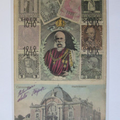 Rară! Cernăuți-Teatrul,timbre printate Franz Josef 1848-1908,c.p. circulată 1910