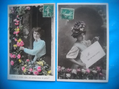 HOPCT 1725 FEMEI..FEMEI-TCV-ROMANTICA-FRANTA-LOT 2 CARTI POSTALE VECHI-CIRCULATE foto