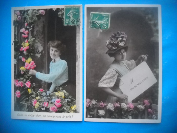 HOPCT 1725 FEMEI..FEMEI-TCV-ROMANTICA-FRANTA-LOT 2 CARTI POSTALE VECHI-CIRCULATE