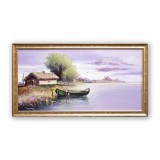 Tablou apus de soare in Delta Dunarii pictat manual inramat, 85x45cm ulei pe panza, rama din lemn, Geo Ungureanu