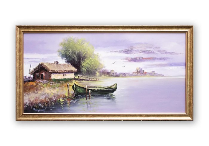 Tablou apus de soare in Delta Dunarii pictat manual inramat, 85x45cm ulei pe panza, rama din lemn, Geo Ungureanu