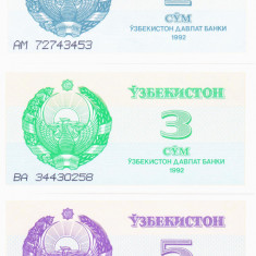 Bancnota Uzbekistan 1, 3 si 5 Sum 1992 - P61-63 UNC ( Set x3 )