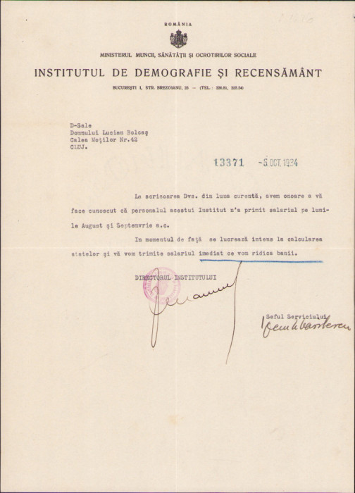 HST A1559 Semnătură olografă Sabin Manuilă 1934 Institutul de Demografie