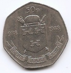Irlanda 50 Pence 1988 - (Dublin Millennium) Cupru nichel, 30 mm, KM-26 (2)
