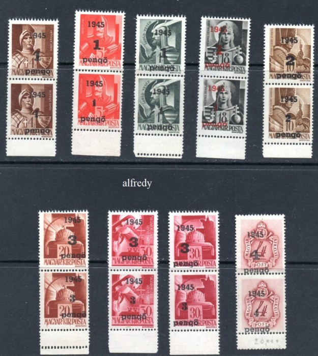 ROMANIA 1945, Oradea I lot 9 perechi verticale diferite tip 1+2, MNH