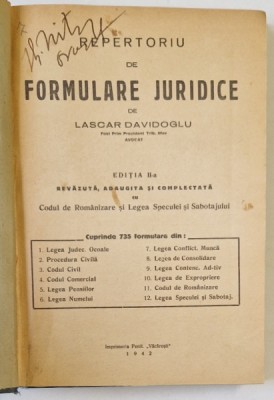 REPERTORIU DE FORMULARE JURIDICE de LASCAR DAVIDOGLU EDITIA A 2-A 1942 foto
