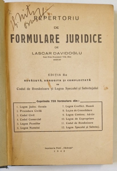 REPERTORIU DE FORMULARE JURIDICE de LASCAR DAVIDOGLU EDITIA A 2-A 1942