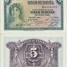 1935 , 5 pesetas ( P-85a.2 ) - Spania - stare XF