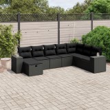 Set Mobilier Gradina vidaXL, 8 Piese, Poliratan Negru, Canapea Colt, Centrala, Cotiere, Taburet, Perne Inclus