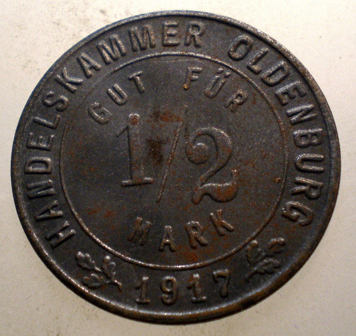 1.108 GERMANIA WWI HANDELSKAMMER OLDENBURG NOTGELD 1/2 MARK 1917 24,2mm