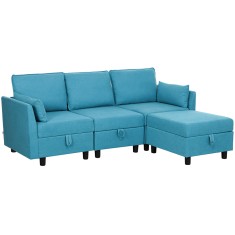 HOMCOM Canapea Modulară cu Taburet și Spații de Depozitare, Canapea Colțar &icirc;n Formă de L, 213x156x88 cm, Albastru | Aosom Romania