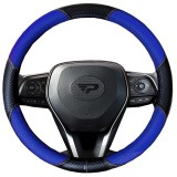 Husa volan Panda, tip fibra carbon negru cu insertii piele ecologica perforata albastra, 38 cm