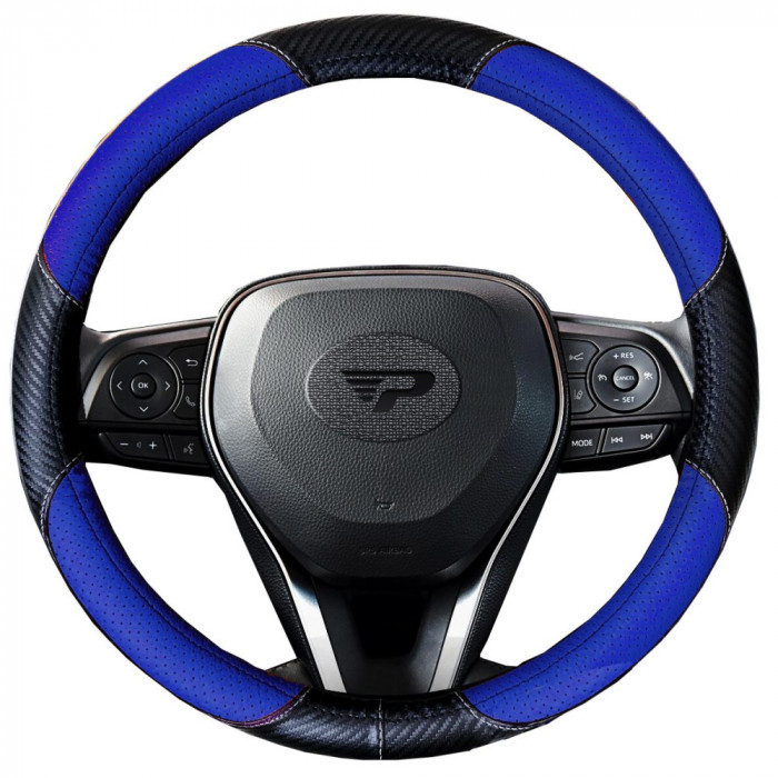 Husa volan tip fibra carbon negru cu insertii piele ecologica perforata albastra, 38 cm Automobile ProTravel
