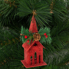 Ornament de brad cu agățătoare - biserică - 16 x 6.5 cm - roșie foto