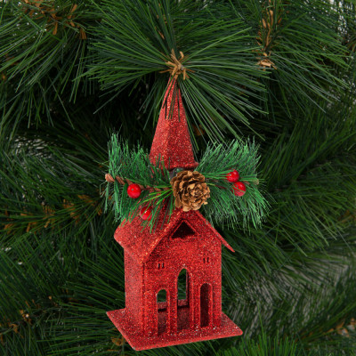 Ornament de brad cu agatatoare - biserica - 16 x 6.5 cm - rosie Best CarHome foto