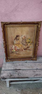 Tablou/Ulei/Panza/Fetita pe banca foto