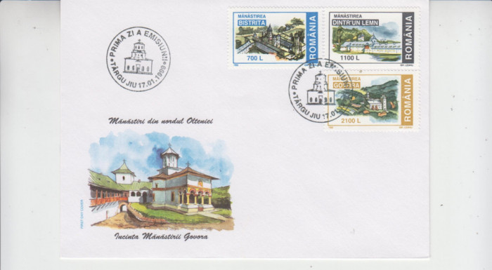 C12 - FDC Romania - Manastiri din nordul Olteniei - LP1475 - 1999