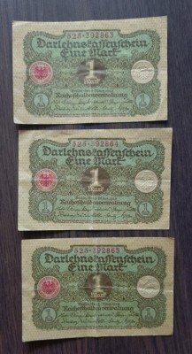 Lot 3 bancnote serie consecutiva Germania - 1 Mark 1920 foto