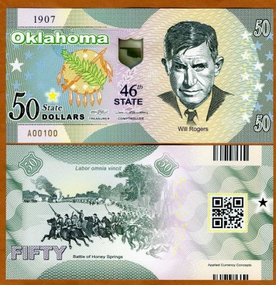 !!! SUA = FANTASY NOTE = OKLAHOMA - 2020 - UNC / AL 46 - LEA STAT / POLIMER foto