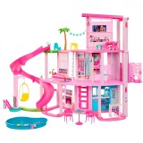 Set Casa de papusi Barbie Dreamhouse, 114 cm, cu piscina, tobogan, lift, lumini si sunete, 75 piese