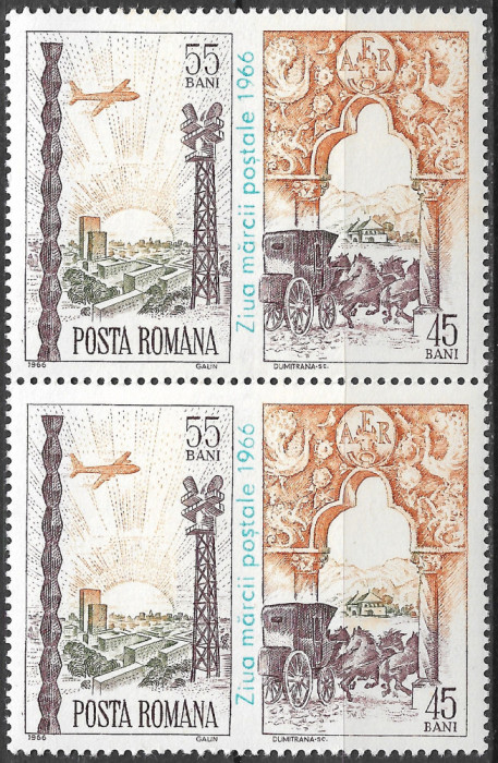 ROM&Acirc;NIA 1966 - LP 640 - ZIUA MĂRCII POȘTALE ROM&Acirc;NEȘTI - PERECHE - SERIE MNH