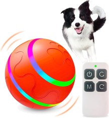 Jucarie smart pentru animale de companie, minge inteligenta controlata prin telecomanda, galbena, rotire 360&deg;, cu acumulator, potrivit pentru caini si