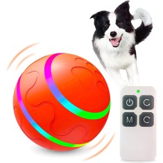 Jucarie smart pentru animale de companie, minge inteligenta controlata prin telecomanda, galbena, rotire 360&deg;, cu acumulator, potrivit pentru caini si