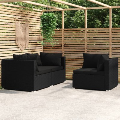 vidaXL Set mobilier de grădină cu perne, 3 piese, negru, poliratan 317527 foto