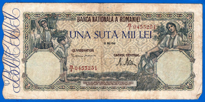 (48) BANCNOTA ROMANIA - 100.000 LEI 1946 (28 MAI 1946), FILIGRAN ORIZONTAL foto