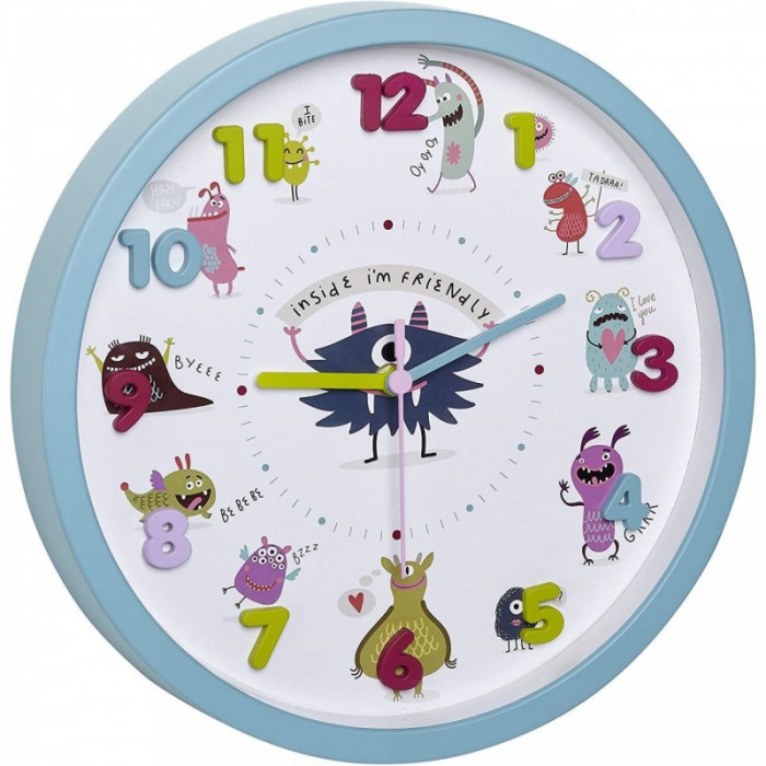 Ceas de perete pentru copii Little Monsters TFA, cifre 3D, 30.9 cm, plastic, capac sticla