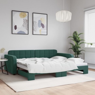vidaXL Pat de zi cu extensie, verde &amp;icirc;nchis, 90x200 cm, catifea 3196931 foto