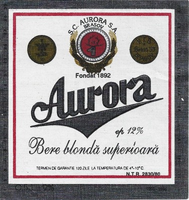 NI514 Etichetă bere blondă superioară Aurora, 1995-1996, SC Aurora SA Brașov foto
