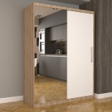 Dulap Dormitor Nova Eco 150 cm x 200 cm, cu oglinda, sonoma cu usi glisante albe