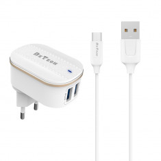 Incarcator si Cablu Date compatibil telefon- tableta micro USB, DeTech, 5V, 3.1A, 2xUSB, incarcare rapida