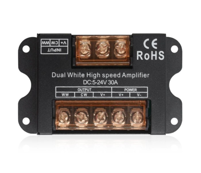Amplificator pentru banda LED CCT (Alb cald + Alb rece) de mare viteza, DC 5-24V, 30A, negru