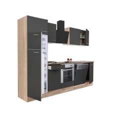 Mobilă de bucătărie Yorki 280, corp din stejar sonoma, față antracit satinat, element cuptor inferior, frigider congelator superior
