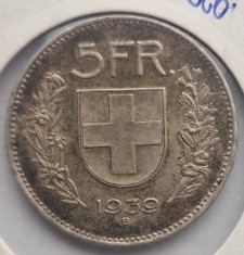 Elvetia 5 Francs 1939 moneda din argint km # 40 AG. 835 Herdsman