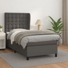 vidaXL Pat box spring cu saltea, gri, 90x200 cm, piele ecologică