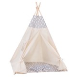 Cort copii Sersimo stil indian Teepee Tent cu fereastra, covoras gros si 2 perne, alb gri cu norisori Household NewTrend