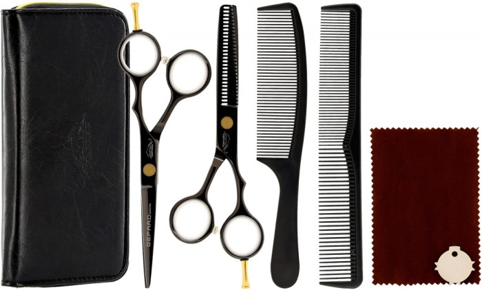 Set profesional GEPARD Foarfece de tuns și foarfece de filat 6,0 Blakos + Accesorii