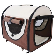 Geanta pentru transport caine/pisica, maro si bej, material Oxford, PVC, impermeabila, pliabila, marimea S-M, 61x46x51 cm