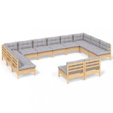 Cumpara ieftin Set mobilier gradina cu perne, 12 piese, gri, lemn masiv pin